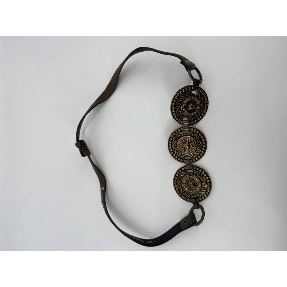 Chicos Belt Brown Leather Bronze Ornate Medallion Rhinestone Boho Statement SM